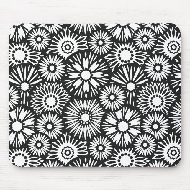 Bold Black White Retro 70s Graphic Daisy Pattern Mouse Pad (Front)