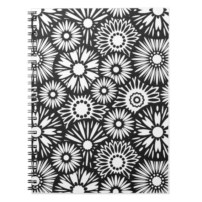Bold Black White Retro 70s Graphic Daisy Pattern Notebook (Front)