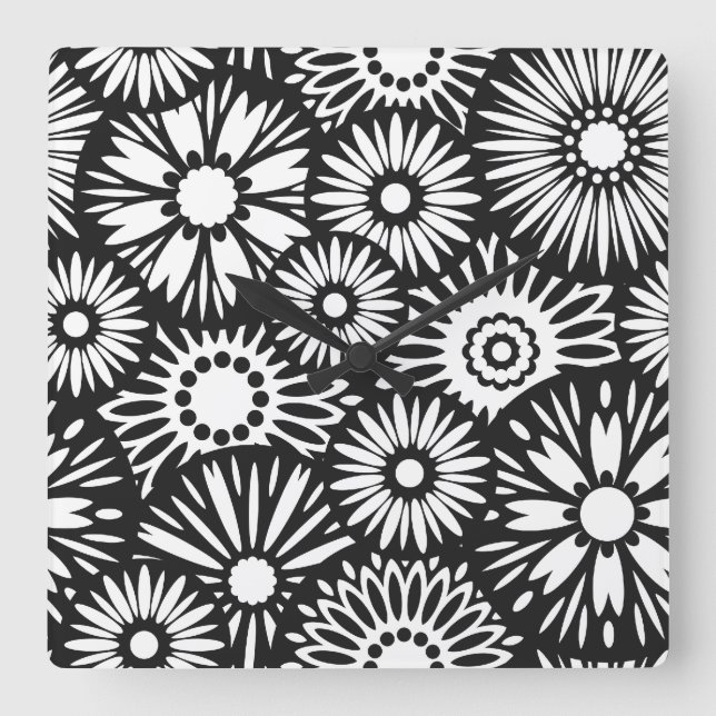 Bold Black White Retro 70s Graphic Daisy Pattern Square Wall Clock (Front)