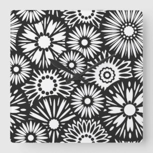 Bold Black White Retro 70s Graphic Daisy Pattern Square Wall Clock