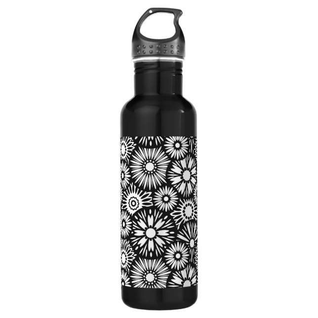 Bold Black White Retro 70s Graphic Daisy Pattern Stainless Steel Water Bottle (Front)