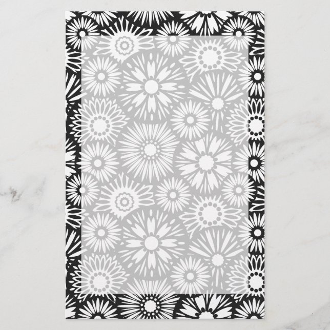 Bold Black White Retro 70s Graphic Daisy Pattern Stationery (Front)