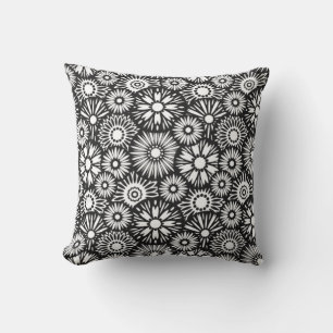 Bold Black White Retro 70s Graphic Daisy Pattern Throw Pillow