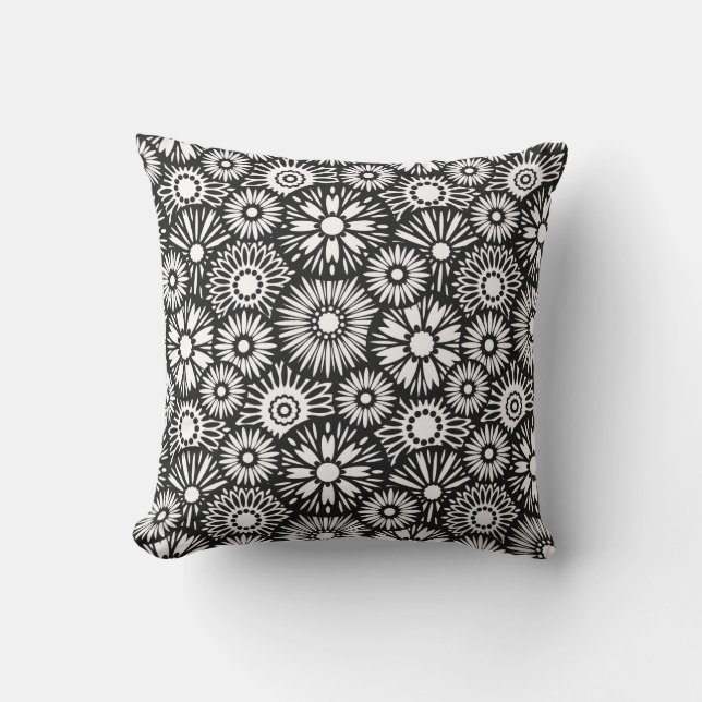 Bold Black White Retro 70s Graphic Daisy Pattern Throw Pillow (Front)