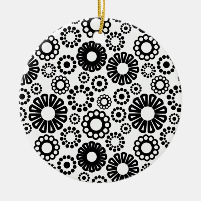 Bold Black White Retro Simple Flower Dot Pattern Ceramic Ornament (Front)