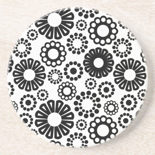 Bold Black White Retro Simple Flower Dot Pattern Coaster (Front)