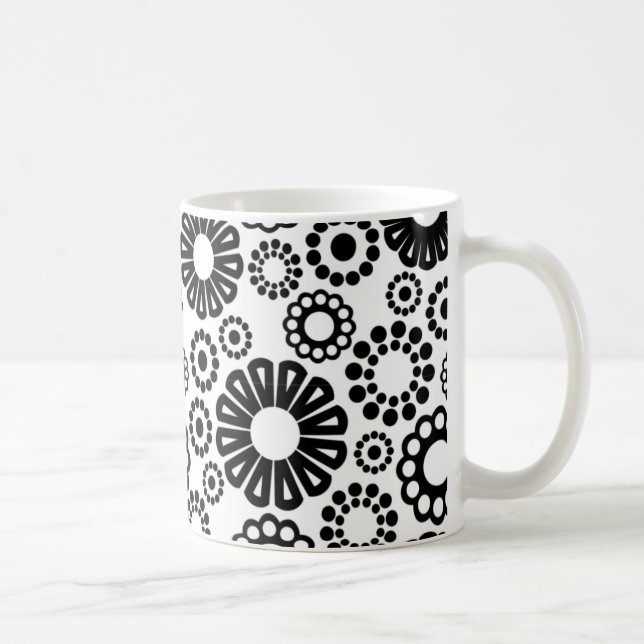 Bold Black White Retro Simple Flower Dot Pattern Coffee Mug (Right)