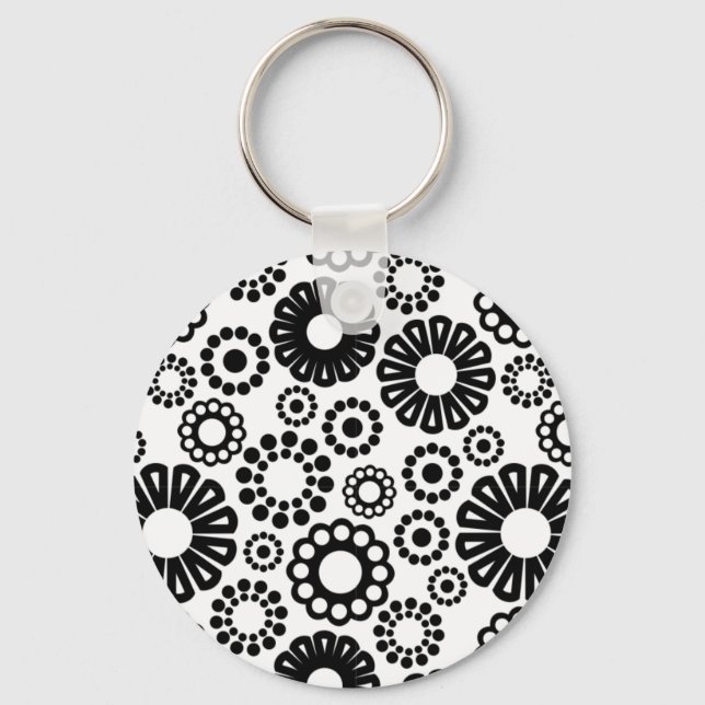 Bold Black White Retro Simple Flower Dot Pattern Keychain (Front)