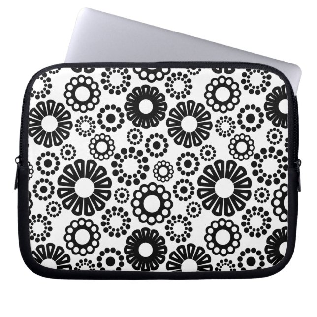 Bold Black White Retro Simple Flower Dot Pattern Laptop Sleeve (Front)