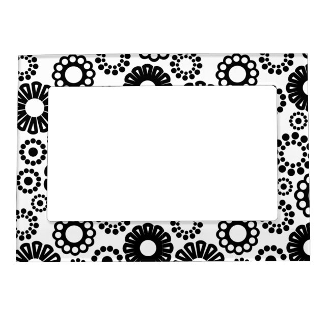 Bold Black White Retro Simple Flower Dot Pattern Magnetic Picture Frame (Front)
