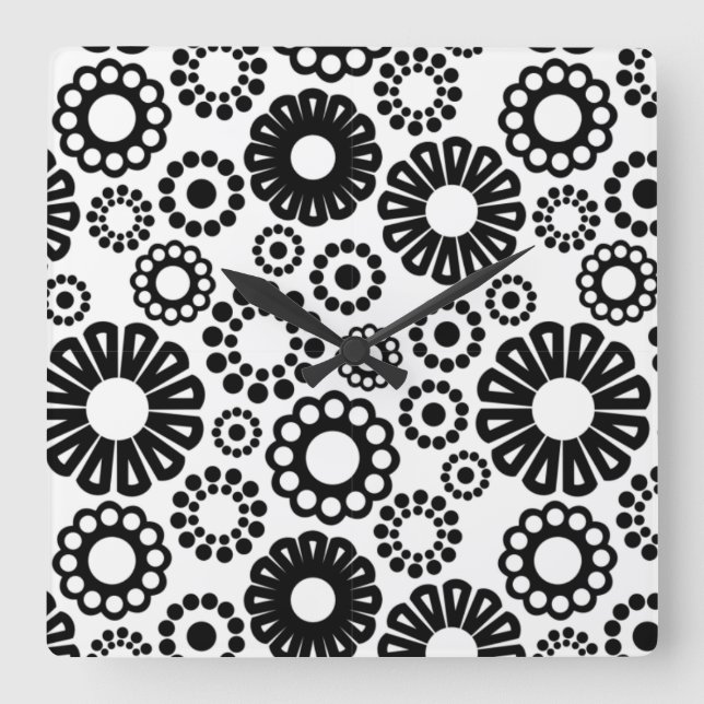 Bold Black White Retro Simple Flower Dot Pattern Square Wall Clock (Front)