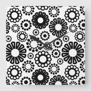 Bold Black White Retro Simple Flower Dot Pattern Square Wall Clock