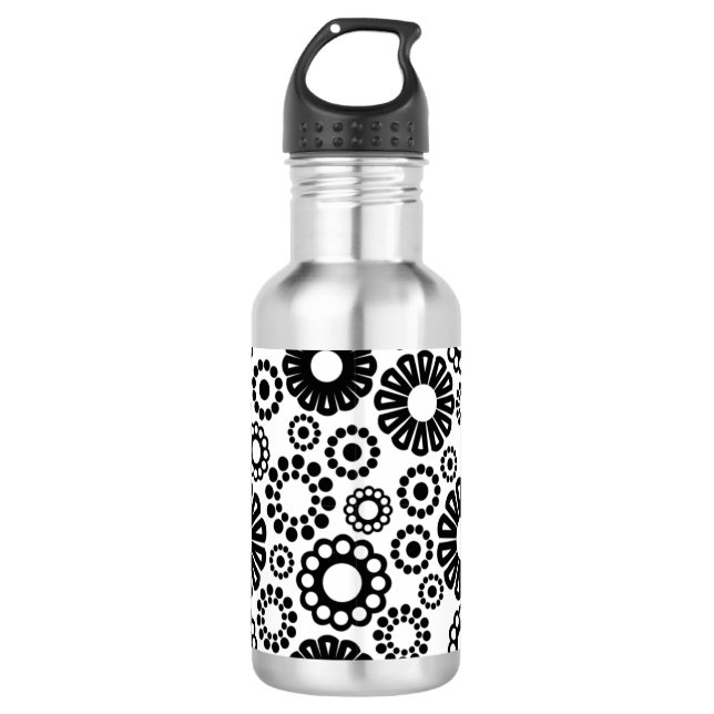Bold Black White Retro Simple Flower Dot Pattern Stainless Steel Water Bottle (Front)