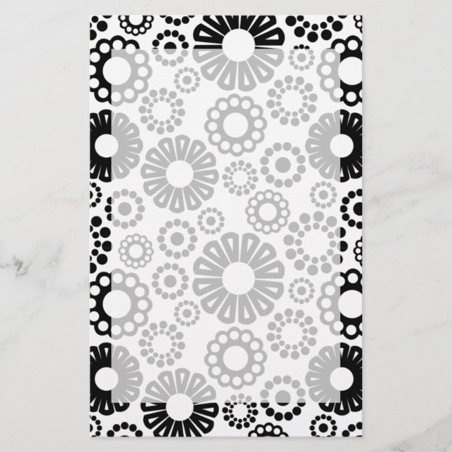 Bold Black White Retro Simple Flower Dot Pattern Stationery (Front)