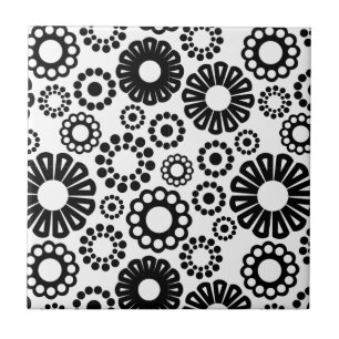 Bold Black White Retro Simple Flower Dot Pattern Tile