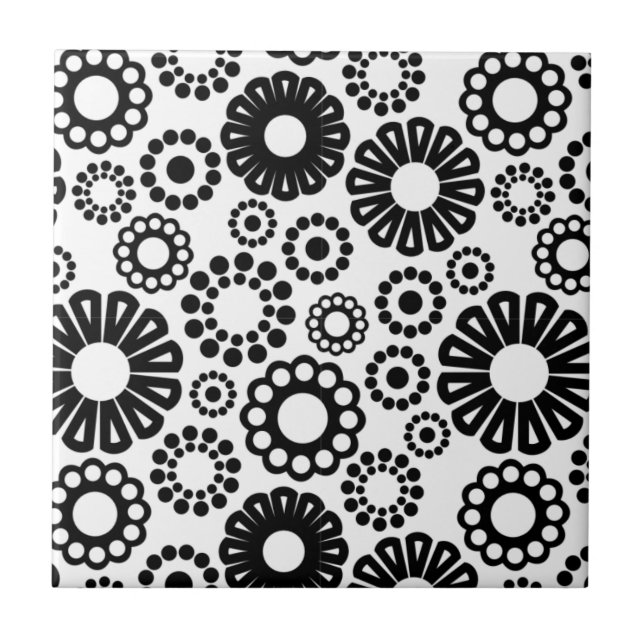 Bold Black White Retro Simple Flower Dot Pattern Tile (Front)