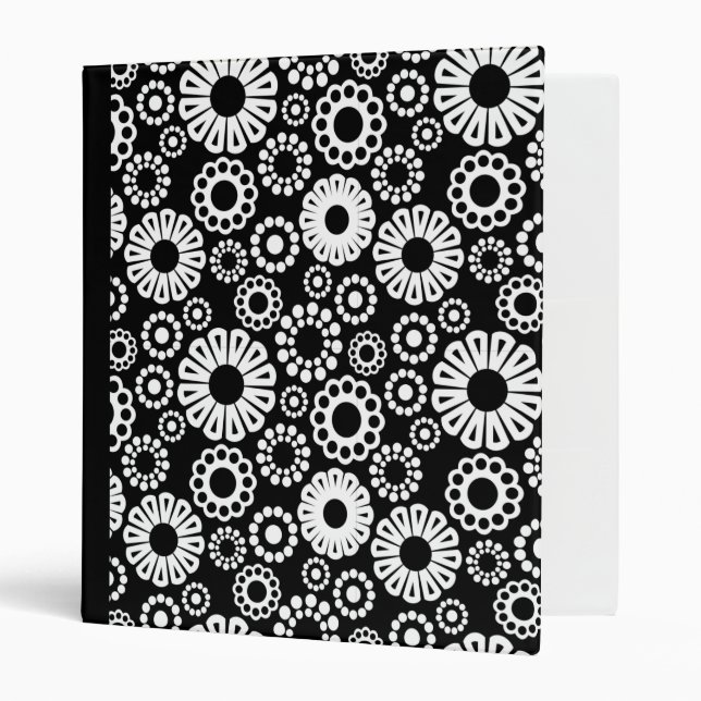 Bold Black White Retro Stylized Flower Dot Pattern Binder (Front/Inside)