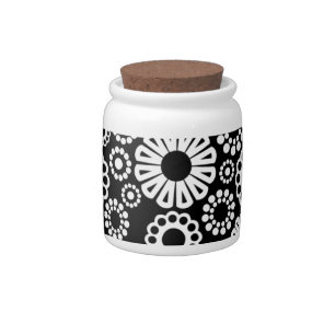 Bold Black White Retro Stylized Flower Dot Pattern Candy Jar