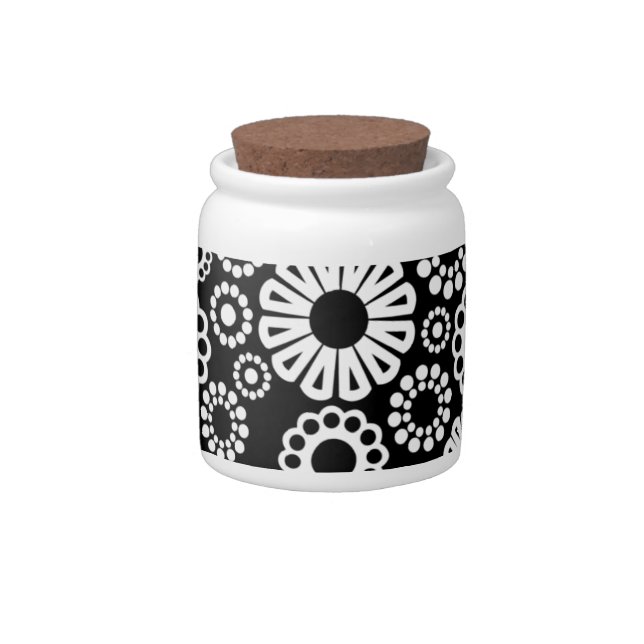 Bold Black White Retro Stylized Flower Dot Pattern Candy Jar (Right)