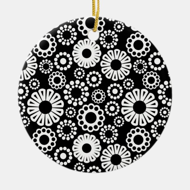 Bold Black White Retro Stylized Flower Dot Pattern Ceramic Ornament (Front)