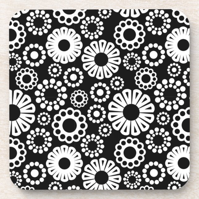 Bold Black White Retro Stylized Flower Dot Pattern Coaster (Front)