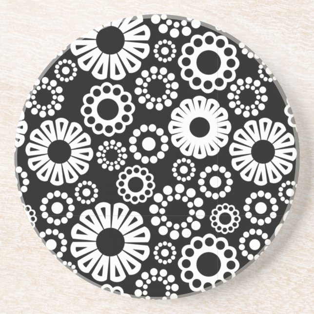 Bold Black White Retro Stylized Flower Dot Pattern Drink Coaster (Front)