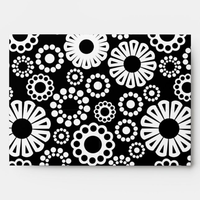 Bold Black White Retro Stylized Flower Dot Pattern Envelope (Front)
