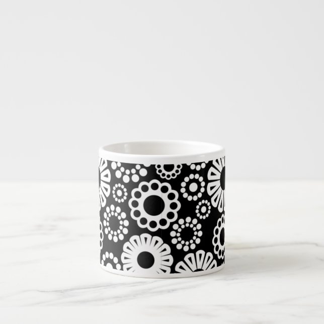 Bold Black White Retro Stylized Flower Dot Pattern Espresso Cup (Front)