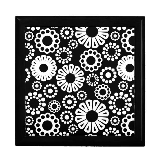 Bold Black White Retro Stylized Flower Dot Pattern Jewelry Box (Front)