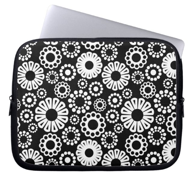 Bold Black White Retro Stylized Flower Dot Pattern Laptop Sleeve (Front)