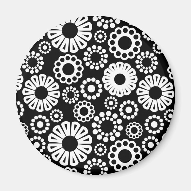 Bold Black White Retro Stylized Flower Dot Pattern Magnet (Front)