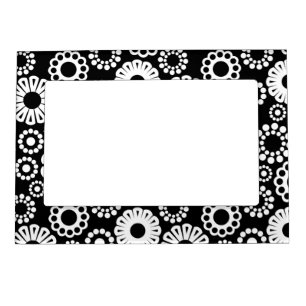 Bold Black White Retro Stylized Flower Dot Pattern Magnetic Picture Frame