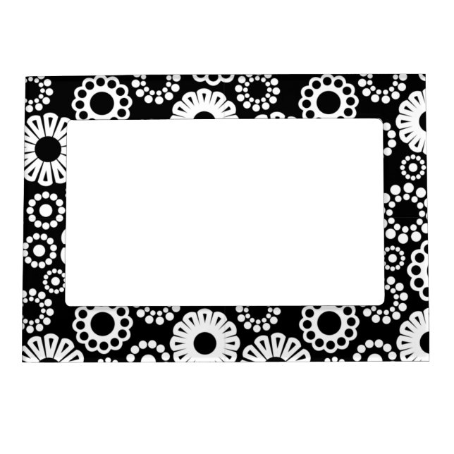 Bold Black White Retro Stylized Flower Dot Pattern Magnetic Picture Frame (Front)