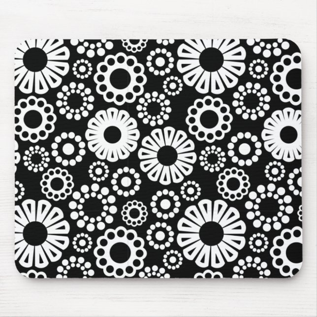 Bold Black White Retro Stylized Flower Dot Pattern Mouse Pad (Front)