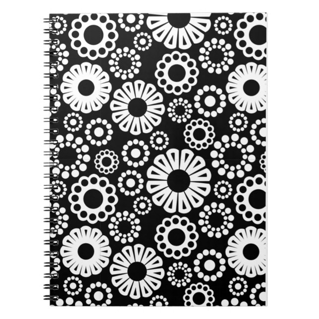 Bold Black White Retro Stylized Flower Dot Pattern Notebook (Front)