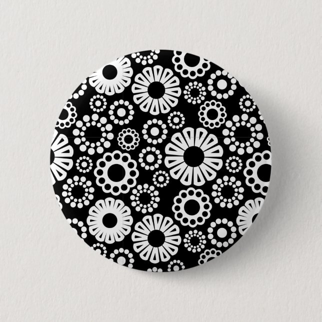 Bold Black White Retro Stylized Flower Dot Pattern Pinback Button (Front)