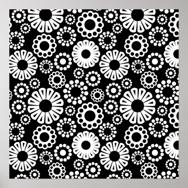 Bold Black White Retro Stylized Flower Dot Pattern Poster (Front)