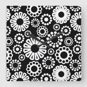 Bold Black White Retro Stylized Flower Dot Pattern Square Wall Clock