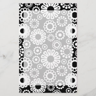 Bold Black White Retro Stylized Flower Dot Pattern Stationery
