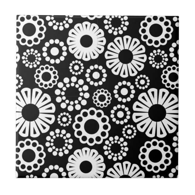 Bold Black White Retro Stylized Flower Dot Pattern Tile (Front)