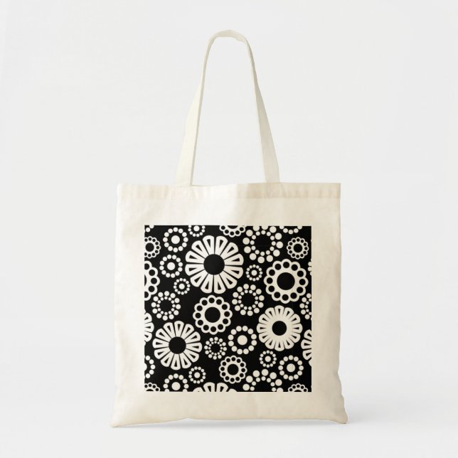 Bold Black White Retro Stylized Flower Dot Pattern Tote Bag (Front)