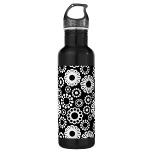 Bold Black White Retro Stylized Flower Dot Pattern Water Bottle