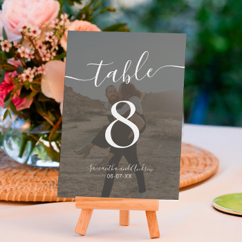 Bold Black White Script Names Photos Wedding Table Number by girly_trend at Zazzle