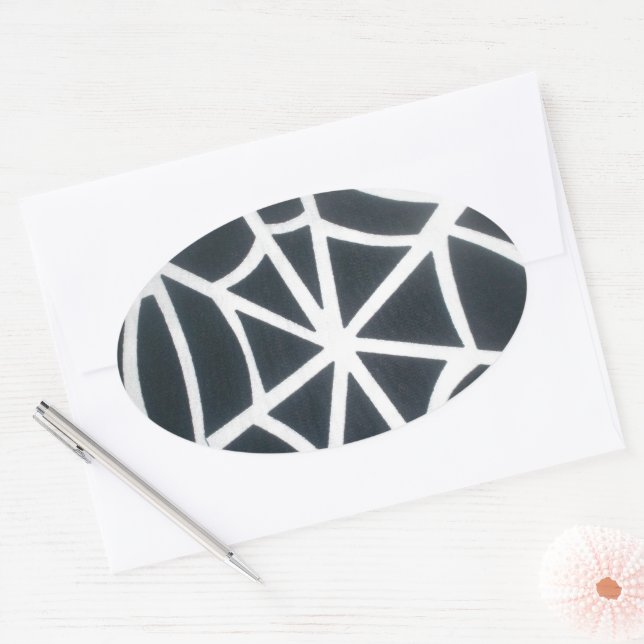 Bold Black & White Spider Web Geometric Pattern Oval Sticker (Envelope)