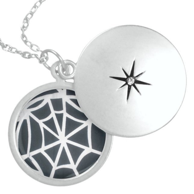 Bold Black & White Spider Web Geometric Pattern Sterling Silver Necklace (Front)