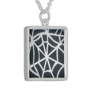 Bold Black & White Spider Web Geometric Pattern Sterling Silver Necklace