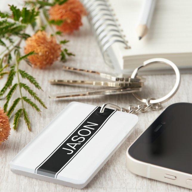 Bold Black & White Stripe Editable Text Keychain (Front Right)