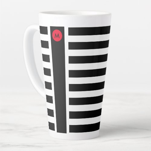 Bold Black White Stripes with Tiny Red Monogram Latte Mug
