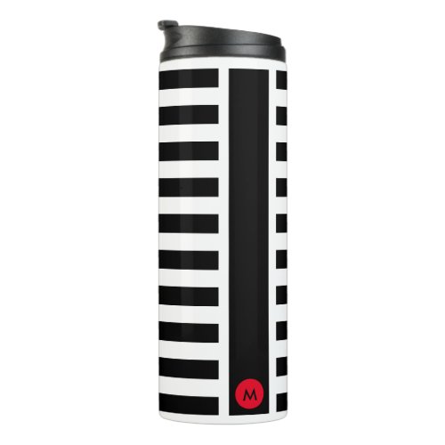 Bold Black White Stripes with Tiny Red Monogram Thermal Tumbler