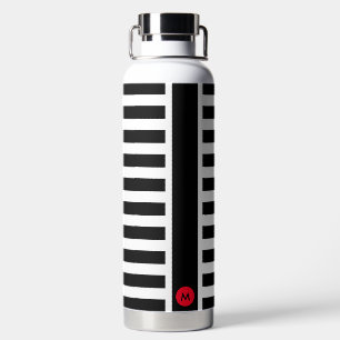 Bold Black White Stripes with Tiny Red Monogram Water Bottle